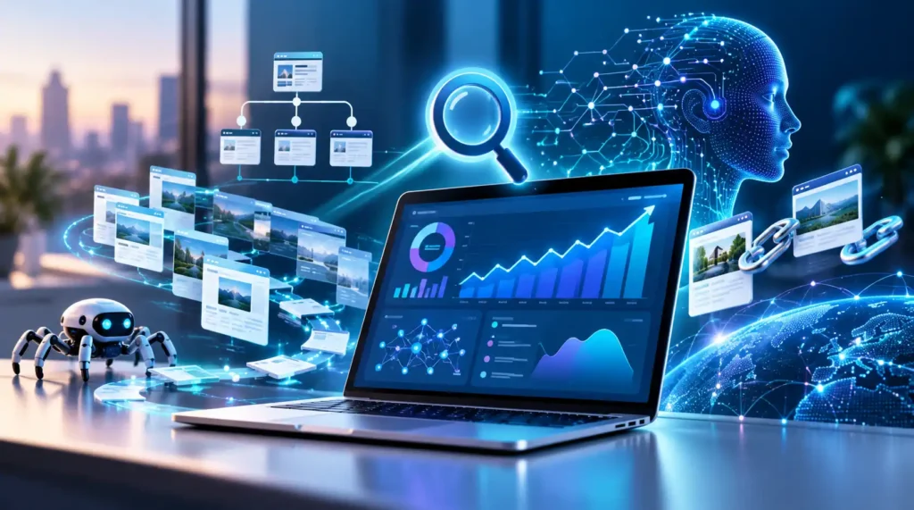 Futuristic AI SEO Analytics Workspace